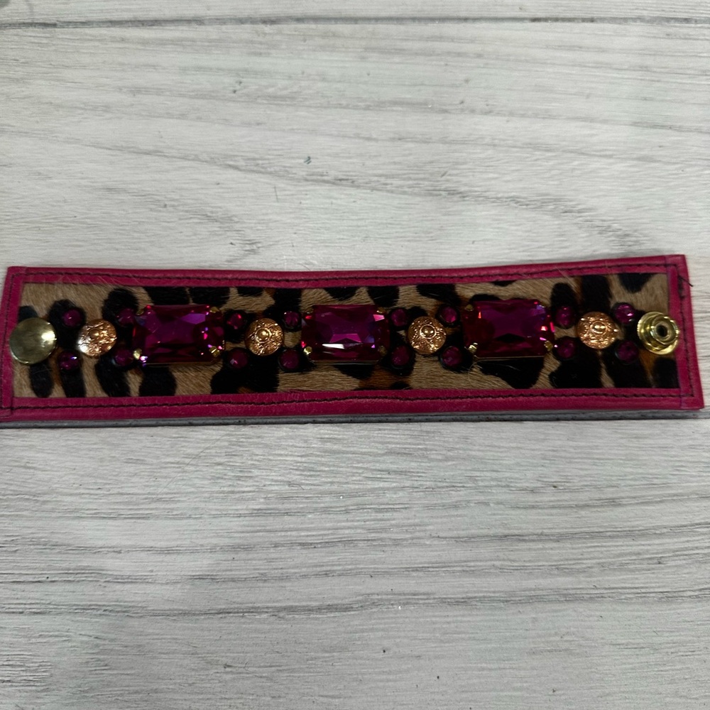 Leopard-Print Cuff Bracelet with Magenta Gem Accents